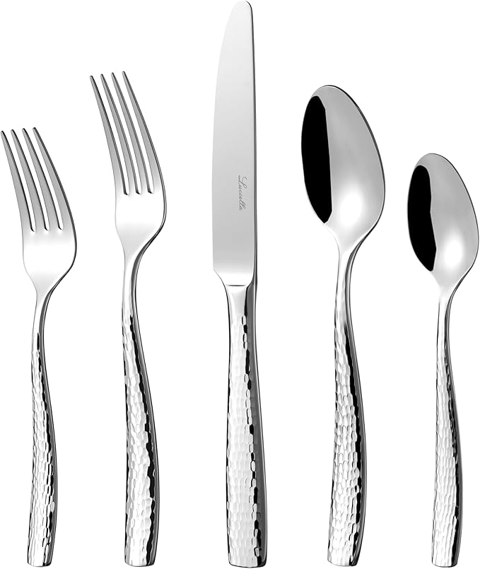 Luciella Ponza Flatware Set for 8, 45-Piece Stainless Steel Silverware Set with Serving Utensils, Timeless Hammered Design, Rust-Resistant, Mirror Polished & Dishwasher Safe