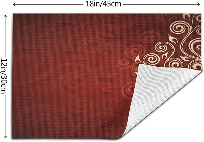 Burgundy Placemats Set of 6 Red Floral Swirls Ivy Image Ombre Details Wipeable Table Mats Flower Art Reusable Washable PVC Rectangle Place Mats for Kitchen Dining Home Decor 12x18 Inches