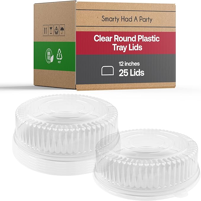 Smarty Had A Party 12 Inch Clear Round Plastic Tray Lids – Stackable Plastic Dome Lids for Catering Trays with Lids, Party Trays & Food Platters – BPA-Free Disposable Dome Covers – 25-Pack