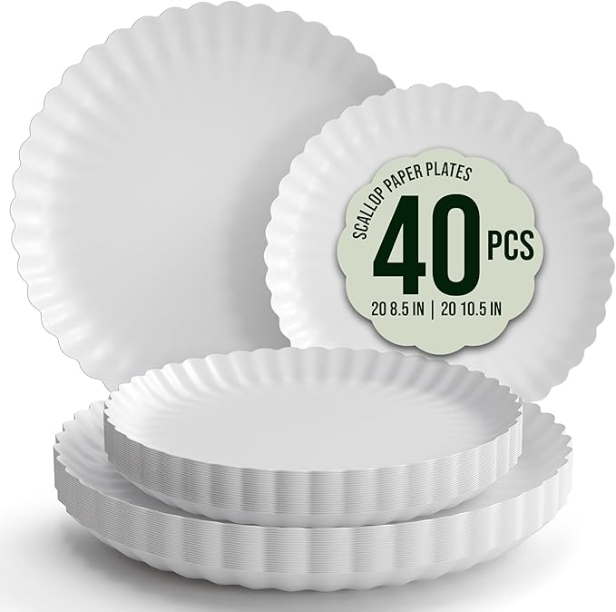 Trendables Floral Paper Plates 8.5 Inch & 10.5 Inch 40 Pcs Dinner Plate Set Fancy Disposable Plates for Party for 20 Guests 20 X 8 & 20 X 10 Large & Small Paper Plate Set for Parties Snow