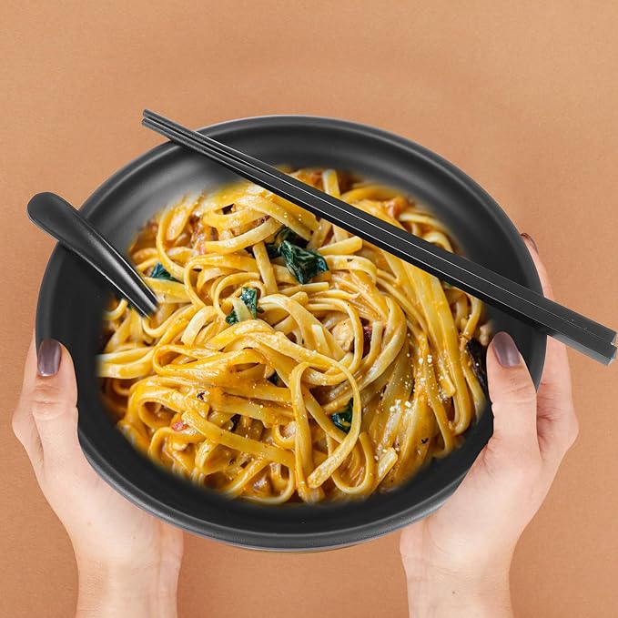 Creative Asian Style Noodle Bowl Set with Spoon and Chopsticks, Melamine Soup and Noodle Bowls, 1009L Capacity, Black, Restaurant Kitchen Tableware for Asian Dishes and Home Use