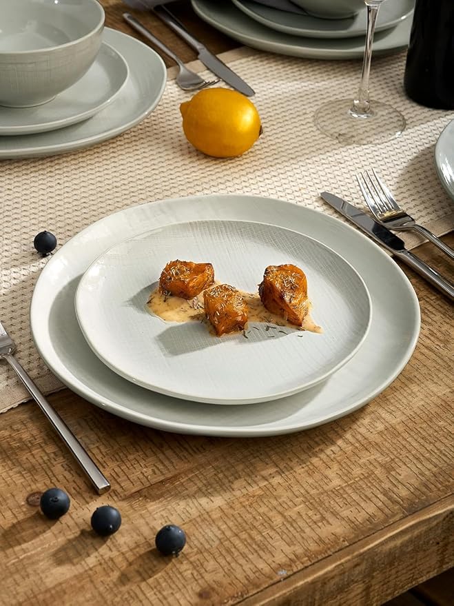 Famiware Moonlight Plates and Bowls Sets, 24 Pieces Stoneware Dinnerware Sets with Linen Finish, Dishware set for 8, Microwave and Dishwasher Safe, Chip and Scratch Resistant, White