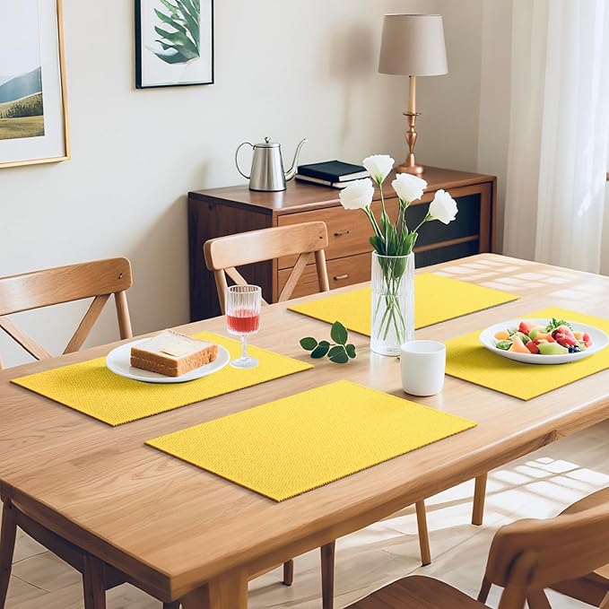 Blue Forest Placemats Set of 8, Dual-Layered Thickened Faux Linen Table Mats Heat Resistant Machine Washable Wrinkle Free Place Mats for Kitchen Dining Outdoor/Indoor (Bright Yellow)