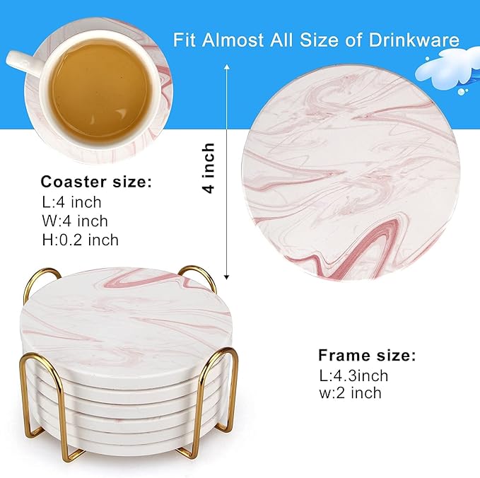 Cute Pink Marble Coasters Set of 6 Pack Stone Coffee Table Decor Absorbent Ceramic Cup Coaster with Holder Decorative Tea Bar Accessories Gift Kitchen Desk Coster Drink Modern Funny Aesthetic Coasters