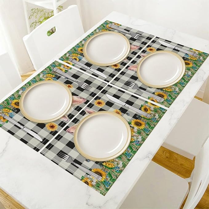 Rustic Pig Placemat Set, Vintage Farmhouse Cute Animal Sunflower Floral Black White Plaid Blue Bowknot Pattern Home Decor Table Mats for Dining Room Kitchen Party (17x12in) x2P