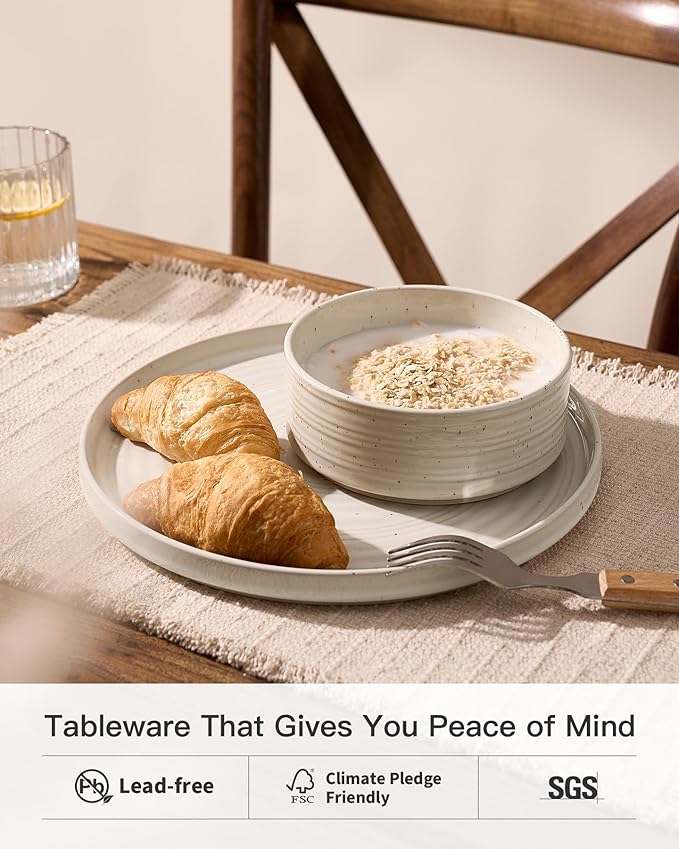 Stoneware Dinnerware Sets, Plate and Bowl Sets for 4, 12 Pieces Spiral Straight Dishware with Speckles and Reactive Glaze, Microwave Dishwasher Safe Family Tableware, Shell Beige