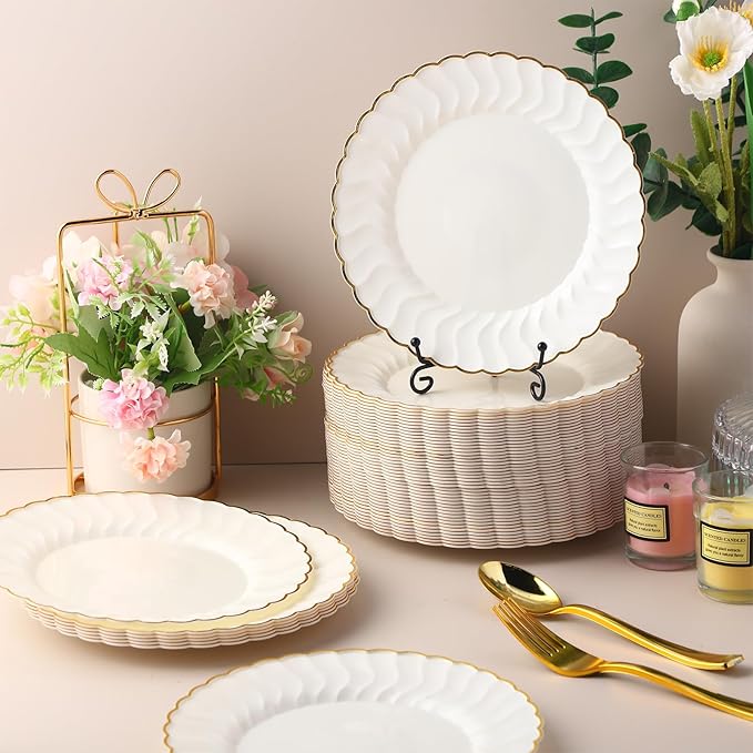 Mifoci 100 Pcs 7.5 Inch Ivory with Gold Rim Plastic Disposable Plates Bulk Salad Dessert Appetizer Cake Plates Elegant Fancy Plastic Tableware for Party Holiday, Wedding, Catering Table Decoration