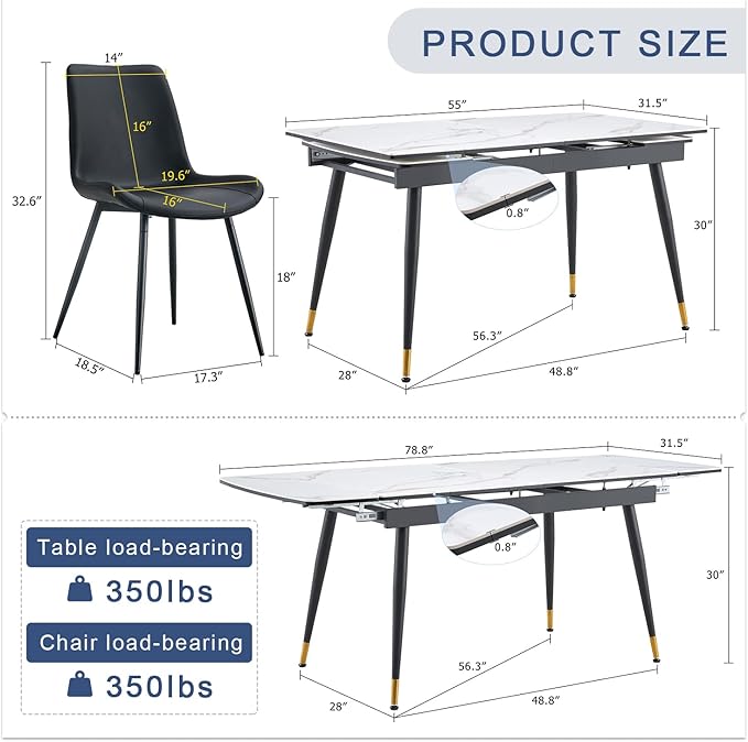 Extendable Dining Table Set for 4, 55'' to 78.8'' Rectangular Thickened Sintered Stone Kitchen Table with 4 Upholstered Chairs, Modern Space Saving 5-Piece Dinner Table Set