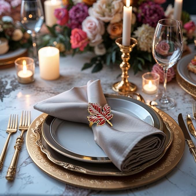 Decozen Set of 12 Red Gold Napkin Rings in Leaf Design, Festive, Table Decor Setting for Holiday, Wedding, Birthday, Kitchen, Home Decor, Housewarming Gift - Thanksgiving & Christmas Gift Decoration