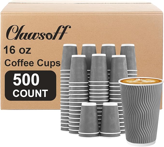 500 Pack 16 oz Disposable Coffee Cups No Lids, Insulated Ripple Wall Paper Coffee Cups 16oz for Hot Chocolate Tea Home Travel Office (Grey)