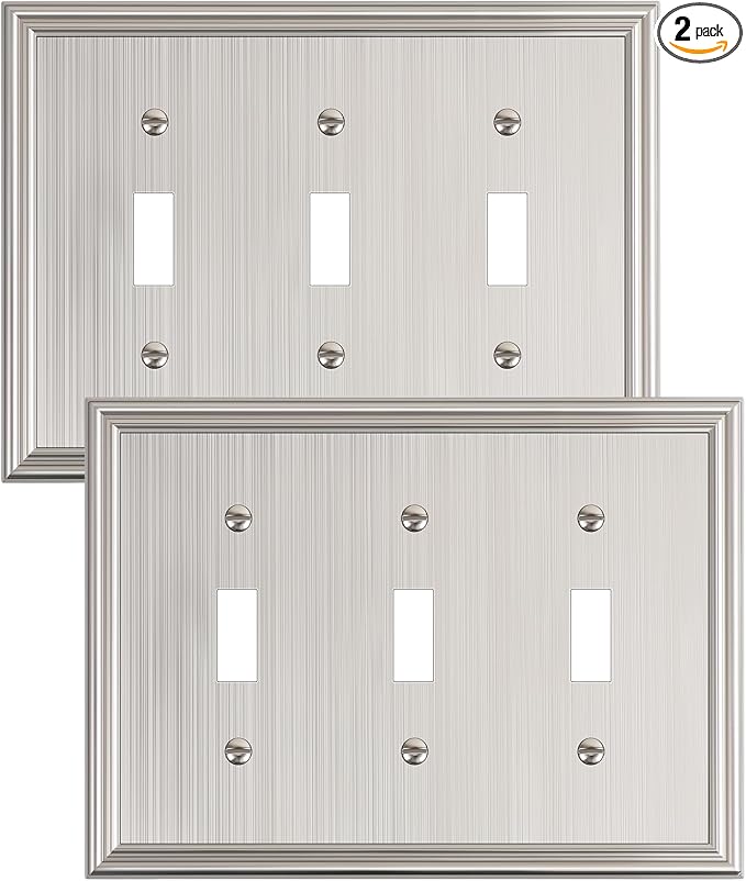 2-Pack Triple Toggle Light Switch Cover Plate, Durable Solid Zinc Alloy Decorative Switch Plate Covers, Brushed Nickel 3 Gang Wall Plate, Corrosion Resistant