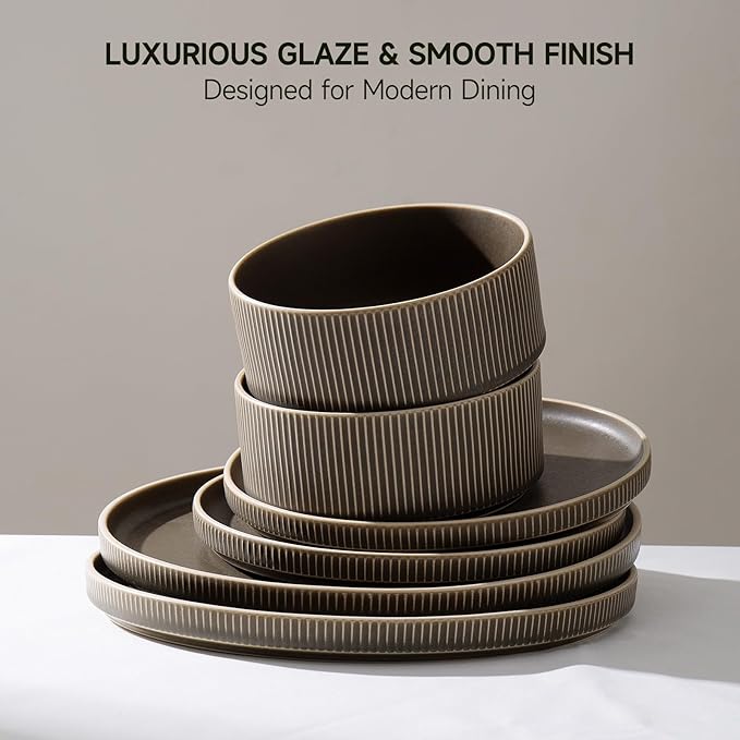 Dinnerware Set Service for 6, 18-Piece Ceramic Plates and Bowls Set, Chip & Scratch Resistant, Microwave and Dishwasher Safe, Modern Minimalist Tableware for Everyday Use, Matte Green