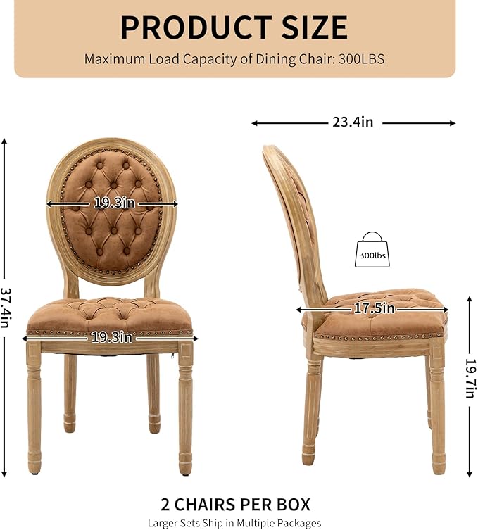 Vintage French Dining Chairs Set of 8, Round Back PU Leather Upholstered Accent Chairs with Nailhead Trim and Solid Wood Frame, Farmhouse Sillas de Comedor for Dining Room & Kitchen, Whiskey Brown
