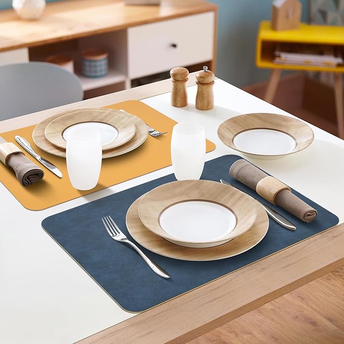 AAPLKER Faux Leather Placemats Set of 6, Vinyl Placemats Wipeable Waterproof Oil-Proof Table Mats, Heat Resistant Place Mats for Kitchen Indoor Outdoor, 16.9 x 11.8 inches (Blue/Yellow)