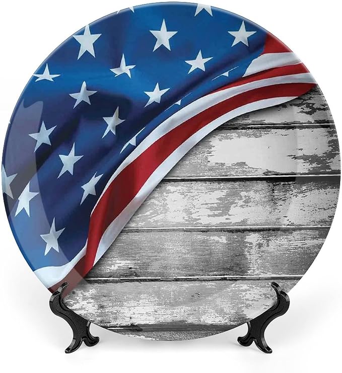 Ceramic Display Plate, American Flag Decor Ceramic Hanging Decorative Plate, Flag Over Antique Rustic Rippled Board, 6 Inch, Household Custom Ceramic Plate, Grey Navy