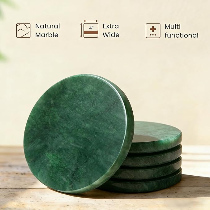 Natural Marble Coasters, Round Costers, Luxury Aesthetic Modern Decor for Coffee Table Bar Kitchen Home, Green Marble, Real Natural Semi Absorbent Stone Coasters
