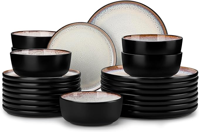 vancasso Plates and Bowls Sets, 24 Pieces Stoneware Dinnerware Sets for 8, Kitchen Dish Set Mircowave and Dishwasher Safe Ceramic Dishware, Light Cream, Series AMBER