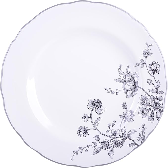 222 Fifth 12-Piece Porcelain Dinnerware Set for 4, White & Black Plates and Bowls Set, Glossy Ceramic Dish Set with Delicate Floral Design, Elegant Kitchen Dishes, Microwave & Dishwasher Safe, Bellamy
