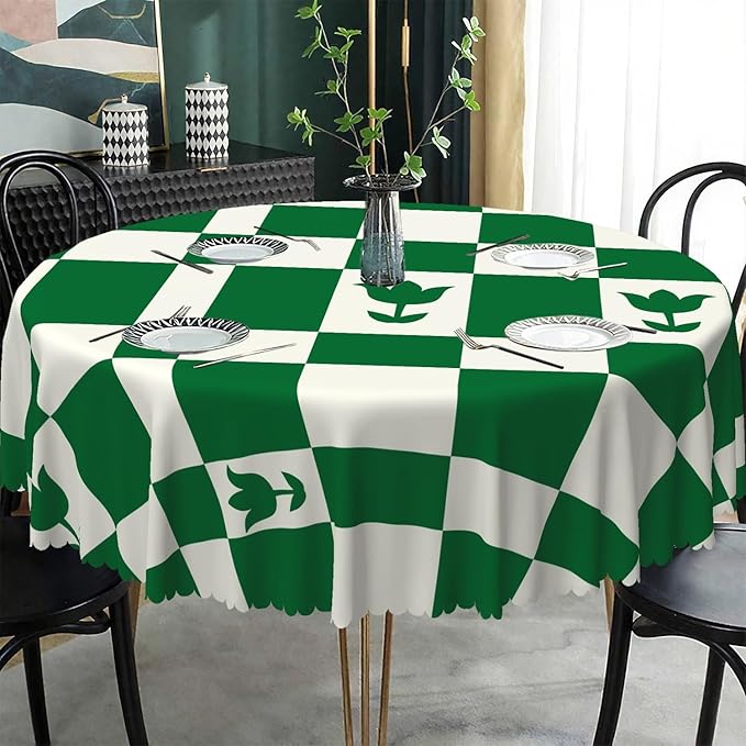 Laeacco 48 Inch Geometric Round Tablecloth Green White Plaid Square Flower Modern Abstract Art Print Table Cloth Washable Waterproof Wrinkle Free Table Cover for Kitchen Dining Picnic Party Decor