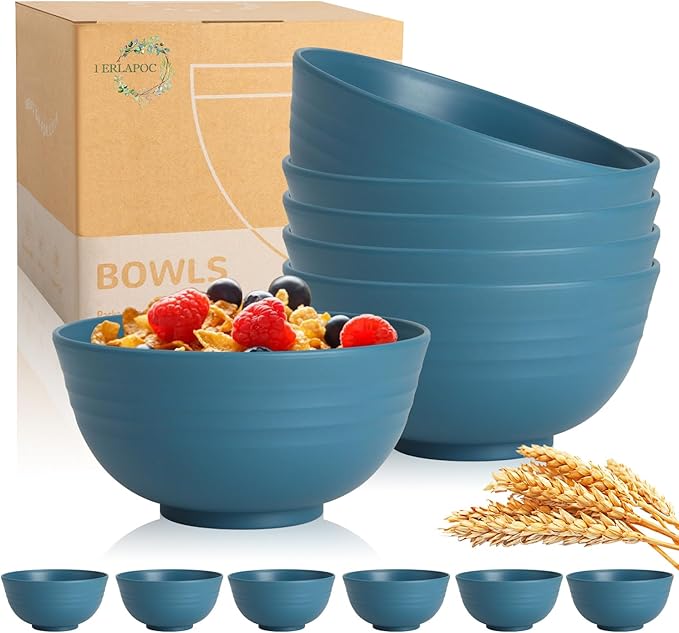 26 OZ Wheat Straw Bowls Set of 6, Reusable Plastic Kitchen Bowls, Unbreakable Bowls Set for Cereal, Salad, Snack, Soup, Ideal for Indoor & Outdoor, Microwave & Dishwasher Safe, Blue