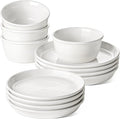 LE TAUCI Ceramic Plates and Bowls Set for 4, 12-Piece Ceramic Dinnerware Set, Farmhouse Dishes Set, Microwave & Dishwasher Safe, Stackable, 10" Dinner+8" Salad Plates+6" Bowls, White