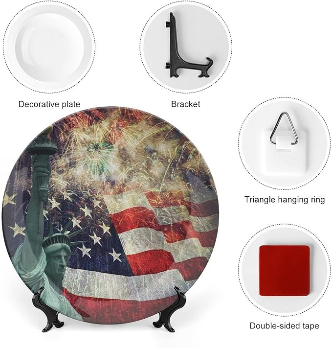 Ceramic Display Plate, American Flag Ceramic Hanging Decorative Plate, Fireworks 4th of July, 10 Inch, Living Room Kitchen Decoration Household, Multicolor