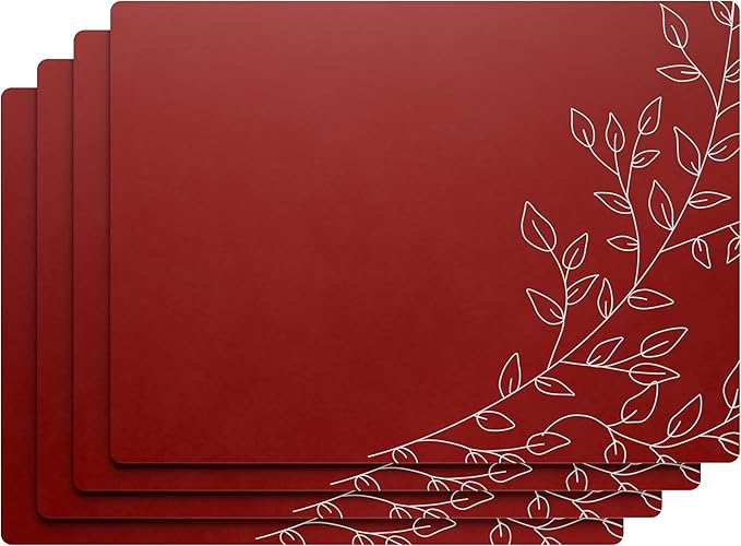 Royalty Art Dark Red Boho Placemats, 4 Pc. Set, Non-Slip Cork Backed, Wipeable Heat Resistant Surface for Kitchen and Dining Table Protection, Cute Floral Pattern for Farmhouse or Rustic Decor