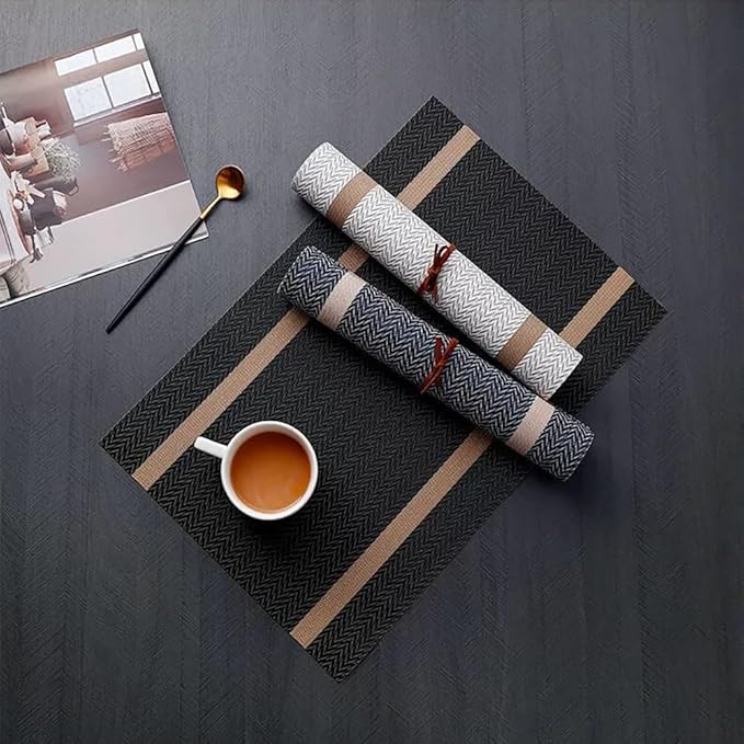 FAVE Placemats Set of 6 Black Placemats Woven with Golden Thread Durable and Wipeable Vinyl Placemat Set of 6 for Wedding, Banquet, Birthday, Party, Restaurant Decorations（Black）
