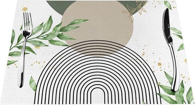 Boho Sage Green Placemats Abstract Bohemian Mid Century Modern Gold Leaves Plant Olive Grey Minimalist Washable Place Mats 12x18Inch for Dining Kitchen Farmhouse Decor 4 PCS