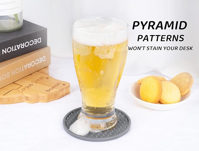Coasters for Drinks 6 Pcs Drink Coaster with Holder,Heat Resistant Silicone Cup Mat Tabletop Protection,Non-Slip Rubber Coasters for Kinds of Cups (Grey)