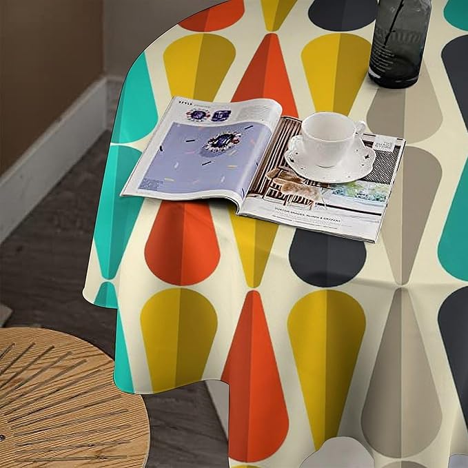 Vintage Bohemian Mid Century Round Tablecloth, Retro 50s 60s Geometric Pattern Print Tablecloth for Home Party Dining Room Kitchen Decor 60Inch(152cm)