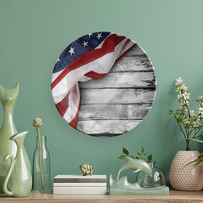 Ceramic Display Plate, American Flag Ceramic Hanging Decorative Plate, Flag on Wood Planks, 7 Inch, Living Room Kitchen Decoration Household, Multicolor