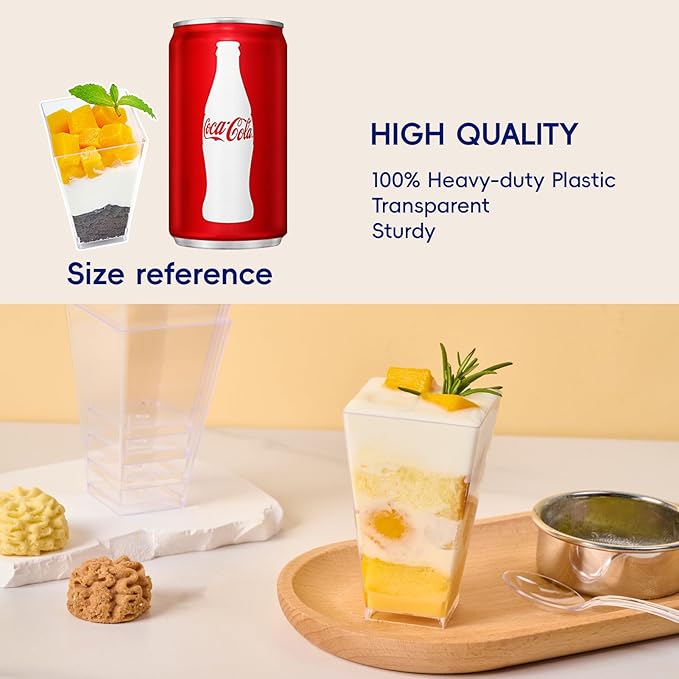JOLLY CHEF 100 Pack 3 oz Square Mini Dessert Cups with Spoons, Clear Plastic Parfait Appetizer Cup, Small Plastic Dessert Serving Bowl for Tasting Party