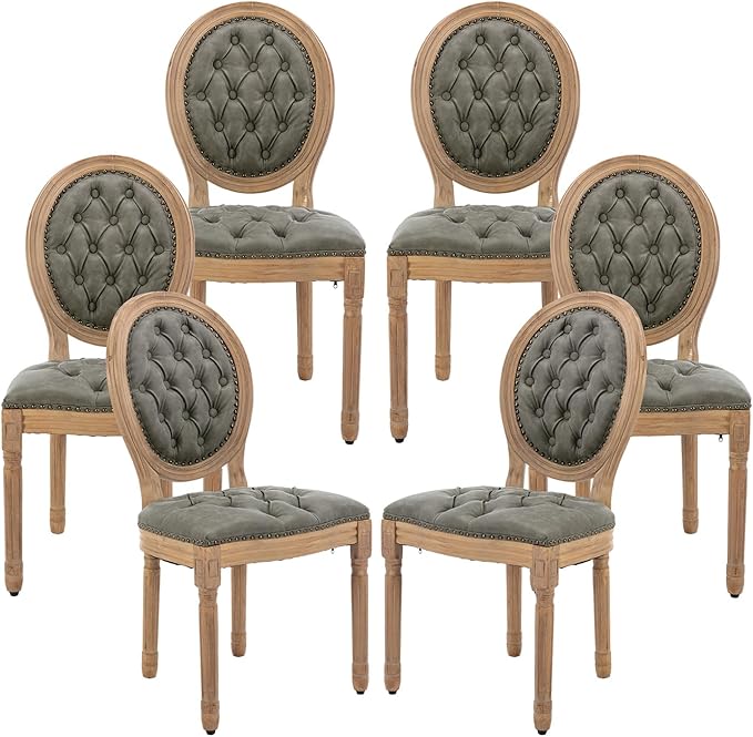Vintage French Dining Chairs Set of 6, Round Back PU Leather Upholstered Side Chairs with Nailhead Trim and Solid Wood Frame, Sillas de Comedor for Dining Room & Kitchen, Olive Green