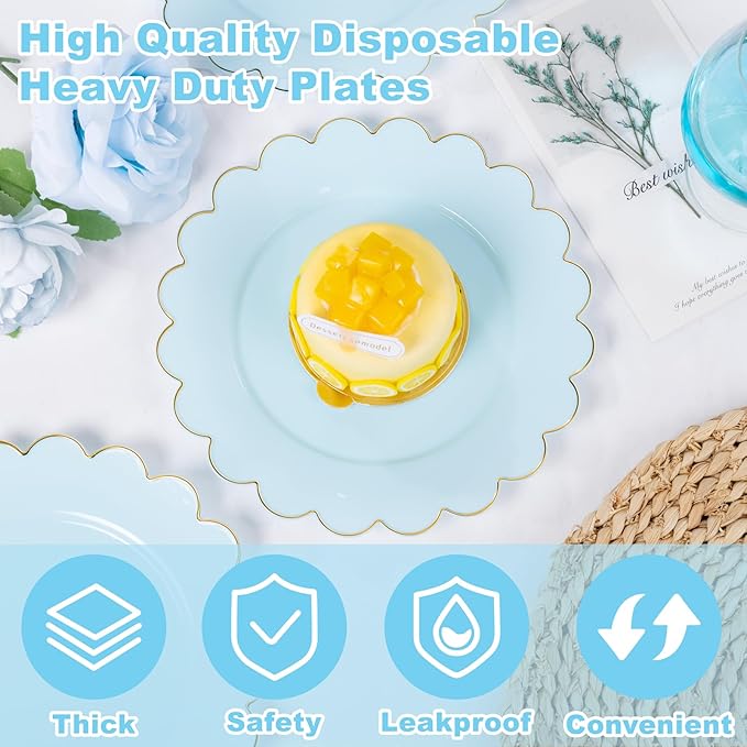 LIYH 100 Pcs Blue Plastic Plates - 7.5 Inch Scalloped Edges Disposable Dessert/Salad Plate- Blue with Gold Rim Premium Hard Appetizer Cake Plastic Plates for Party,Weddings,Bridal Shower