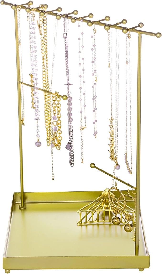 MyGift Matte Metal T Bar Jewelry Stand Organizer with Ring Tray, 3 Bracelet and Necklace Bars and 2 Earring Storage Hanger Bars for 18 pairs of Earrings (Brass)