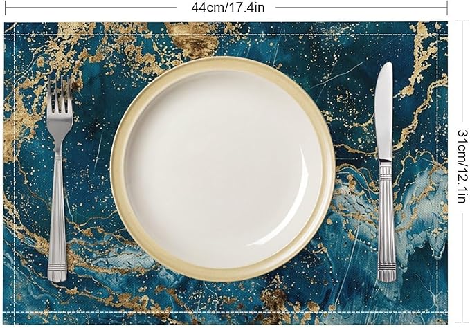 Marble Linen Placemats Set of 2, 12x17 Inch Modern Abstract Foil Stone Texture Royal Blue Gold Marble Table Mats Washable Fabric Place for Party Kitchen Wedding Dining Banquets Decor
