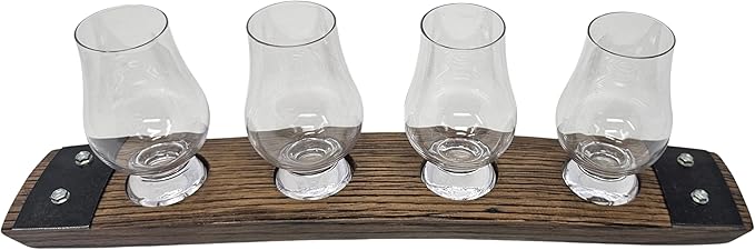 Barrel Stave Premium 4 Glass Whiskey Flight Serving Tray with Glencairn Glasses, Dark Walnut