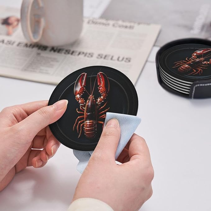 Lobster on a Plate Printed Leather Coasters for Drinks, Set of 6 Drink Coaster Dining Room Decor Cup Coasters