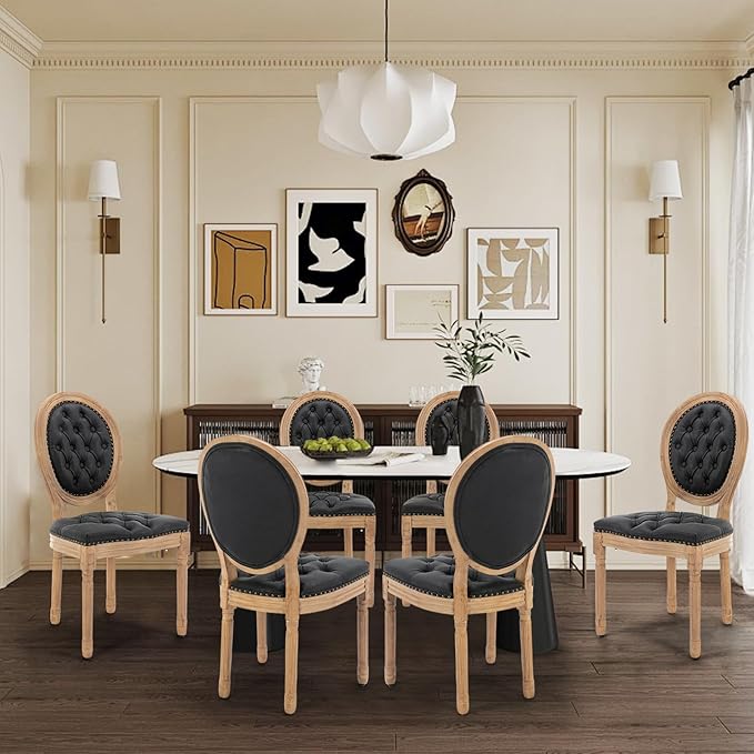 SoarFlash French Dining Chairs Set of 6, Vantage Dining Chair with Round Back, Farmhouse Country PU Leather Dining Chair for Kitchen,Bedroom,Black