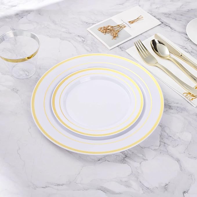 BESTVIP 50PCS 7 Inch Gold Plastic Plates, Disposable Dessert Plate with Gold Rim, Small Heavy Duty Disposable Plastic Plates for Party, Wedding and Birthday, Christmas, Thanksgiving