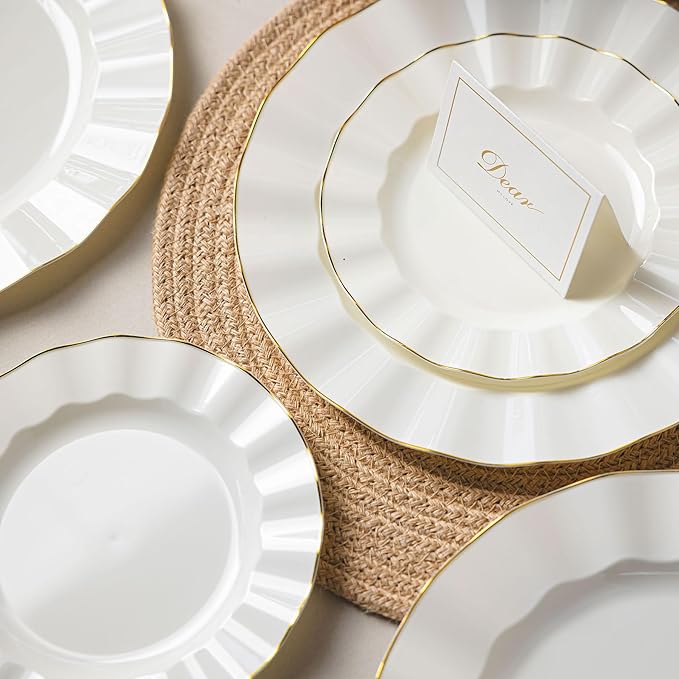 72PCS Ivory White Plastic Plates, Heavy Duty Disposable Party Plates with Gold Rim, 36 Dinner and 36 Dessert for Parties and Wedding