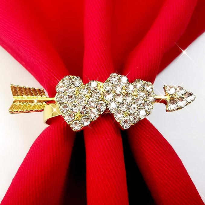 Valentine Napkin Rings Set of 6, Gold Heart Napkin Ring Holders, Diamond Love Napkin Buckles Holder for Valentine's Day, Weddings, Thanksgiving, Parties Table Settings Decor