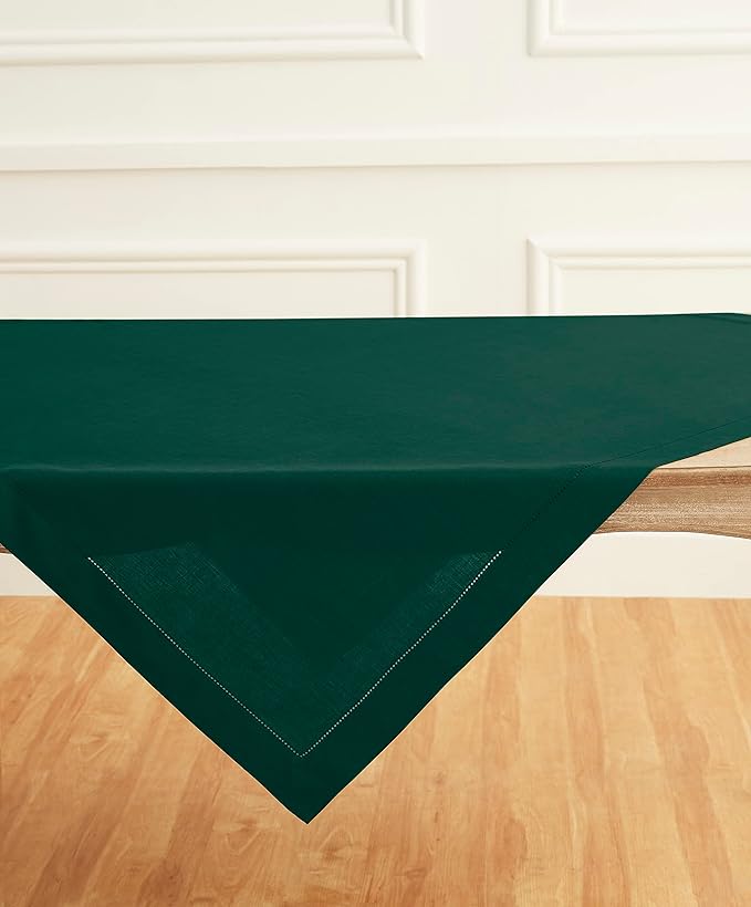 Solino Home Rainforest Green Linen Tablecloth 52 x 52 Inch - 100% Pure Linen Square Table Throw - Classic Hemstitch, Machine Washable Table Cloth for Winter, St Patricks Day