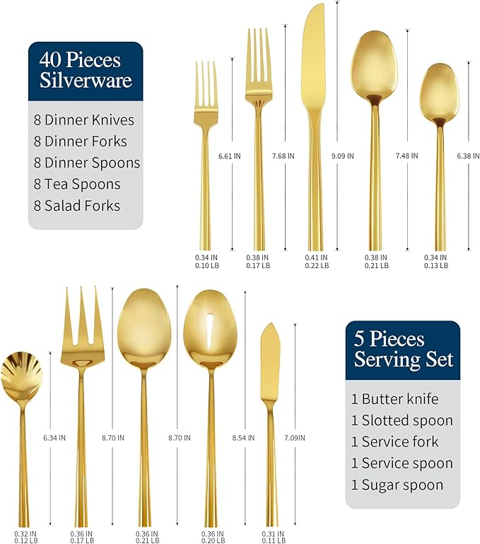 Silverware Set 45-Piece Stainless Steel Cutlery Set, Gold Hexagon Mirror Polished Flatware Serving Set, Service for 8