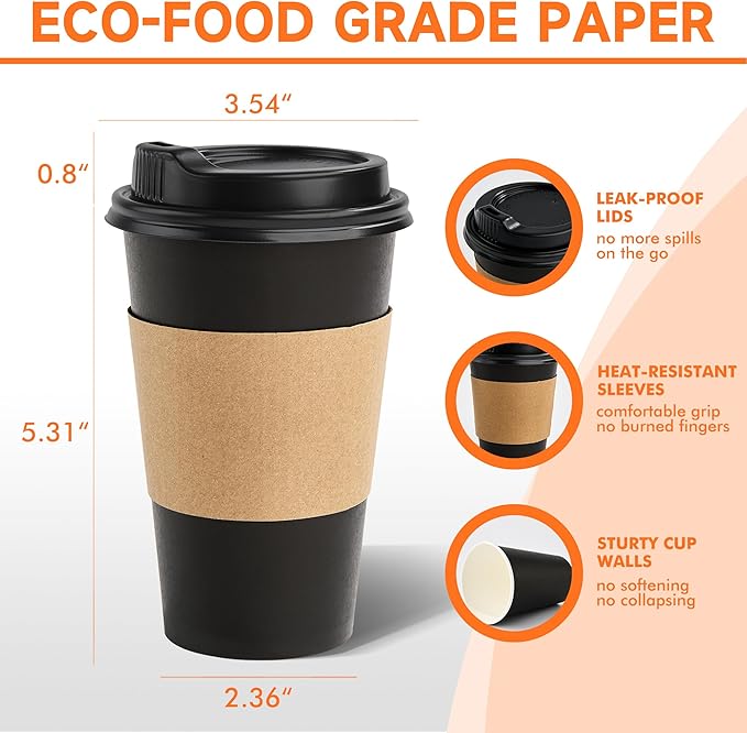 100 Pack 16 oz Disposable Coffee Cups with Lids and Sleeves, Sturdy Paper Cups for Hot/Cold Drinks, Leak-Proof To Go Coffee Cups with Lids for Home, Café, Events, Office, Black