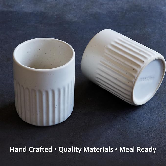 Goodies White Ribbed Water Cups (Set of 4), Handmade Ceramic, Glazed, Dishwasher Safe, Microwave Safe, Secure Grip, Ergonomic Shape, Modern, 9 oz
