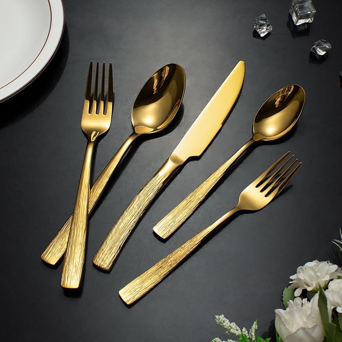 40-Piece Gold Silverware Set for 8, CITESANA Heavy Duty Stainless Steel Flatware Set with Ripple Handles, Mirror Polished Kitchen Cutlery Set