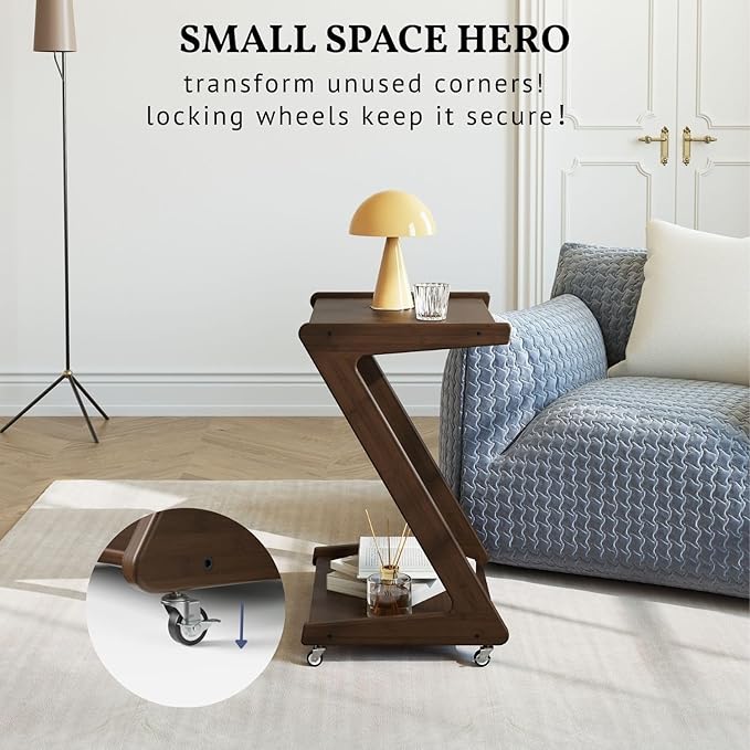 ZIYOO Solid Wood Rolling End Table with Lockable Wheels, Bamboo Couch Side Table That Slides Under Sofa/Bed, Mobile Snack Table for Living Room, Bedroom, Small Spaces, Walnut