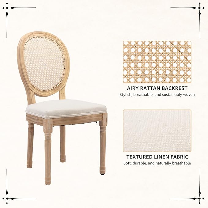 Vintage French Rattan Dining Chairs Set of 2, Solid Wood Frame with Round Rattan Back and Linen Upholstered Seat, Farmhouse Accent Sillas de Comedor Side Chairs for Dining Room & Kitchen, Beige